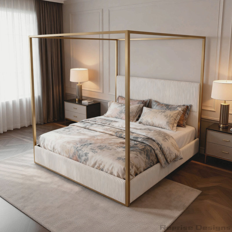 Tall Corduroy Upholstered Headboard And Four Poster, Beige/Gold, King