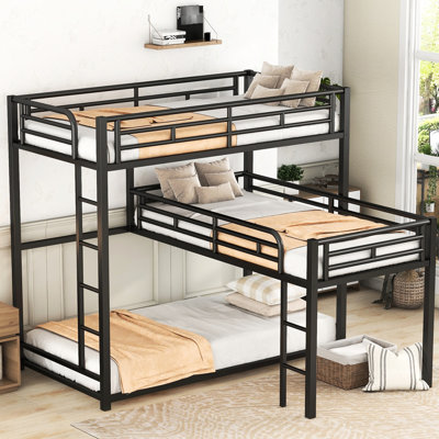 L-Shaped Black Metal Triple Twin Bunk Bed With Space Function And Desk, Suitable For Dorm Guardrails Storage Function, Quick Setup In Bedroom
