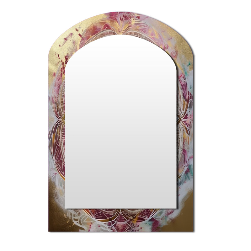Rose doré Mandala II - grand miroir Boho Mandala arche, décor de miroir mural asymétrique traditionnel, art en métal imprimé