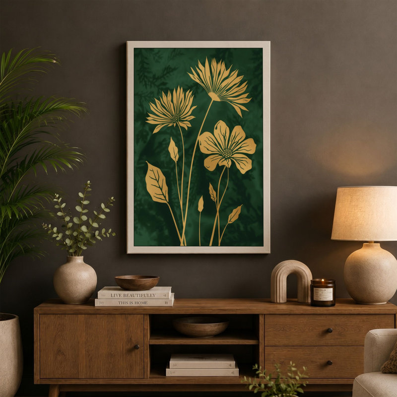 Golden Study Botanical - Wrapped Canvas, 18x12 - 45.7 x 30.5 cm, Teal Border
