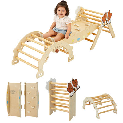 7-in-1 Collapsible Wooden Toddler Triangle Climbing Frame Set, Indoor Educational Jungle Gym Activity Center with Arch, Ramp & Ladder Slide, Safe Mont