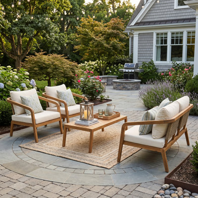 Ensemble de patio extérieur 4 pièces en bois d'acacia avec dossier en osier PE
