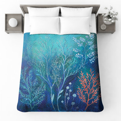 Blue Botanical Illustration Quilted Bedspread All Sizes