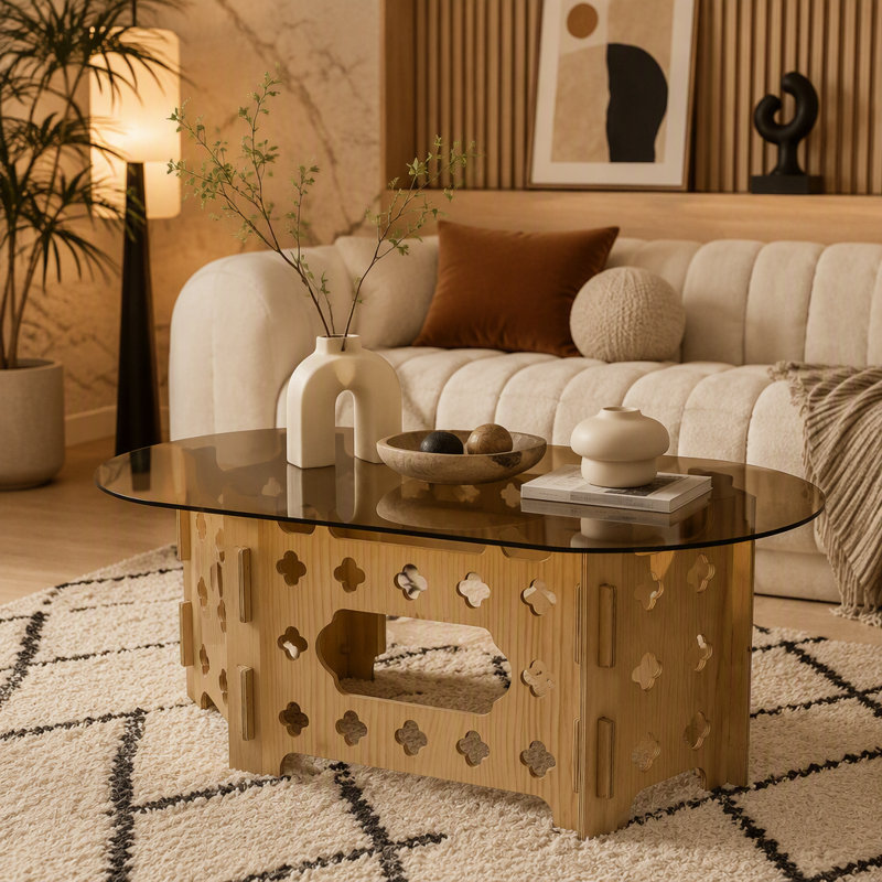 Table basse avec plateau en verre trempé caramel, table basse avec table basse en bois sculpté, 38,6 po ovale