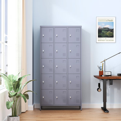 Casiers en métal gris à 15 portes de H 72 po avec serrure - rangement polyvalent pour la maison, la salle de sport, le bureau, le garage verrouillable