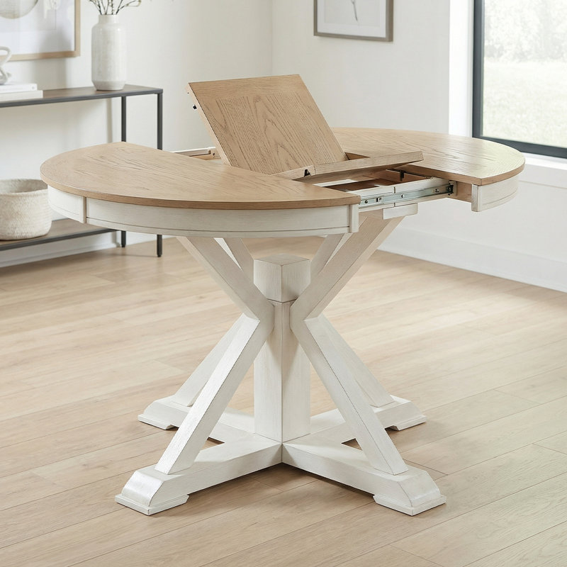 Table de salle à manger rétro extensible avec rallonge papillon - base en bois massif, convertible ovale / ronde pour 6 personnes