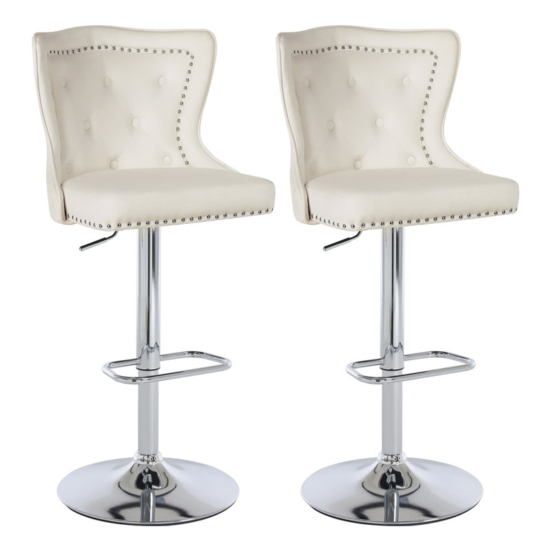 Swivel Velvet Counter Height Bar Stools With Lion Head Pull Ring For Kitchen Island, Cream