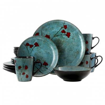 Elama Floral Accents 16 Piece Dinnerware Set In Blue