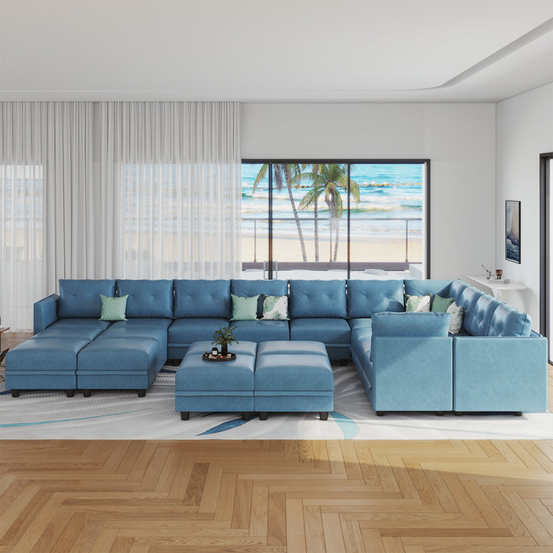 Zendajas Upholstered U-Shaped Sectional Reversible, Sky Blue Faux Leather