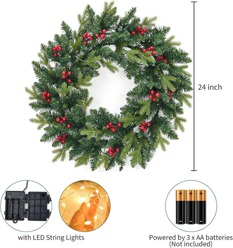 Couronne de Noël 24 po avec lumières DEL, pin artificiel vert et baies rouges pour la porte