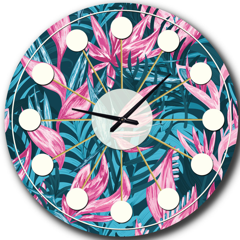 Fleurs tropicales dessinées à la main - horloge murale moderne Mid-Century, Moyen