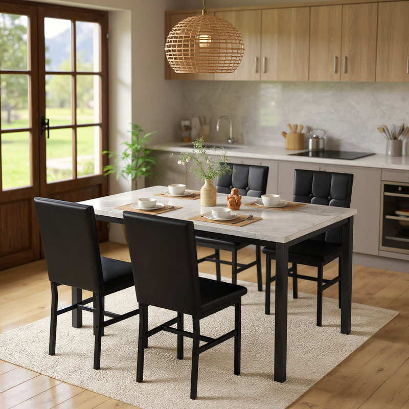 Modern Style 5 Pieces Dining Table Set For 4, Faux Marble Dining Room Table Set With Velvet Upholstered Dining Chairs, MDF Table Top And Metal Frame Dinette Set For Small Space