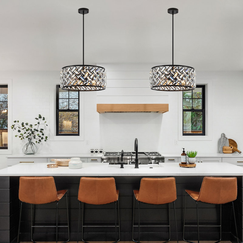 Lustre 5 lumières moderne en cristal noir à intensité variable, luminaire suspendu à hauteur ajustable pour îlot de cuisine
