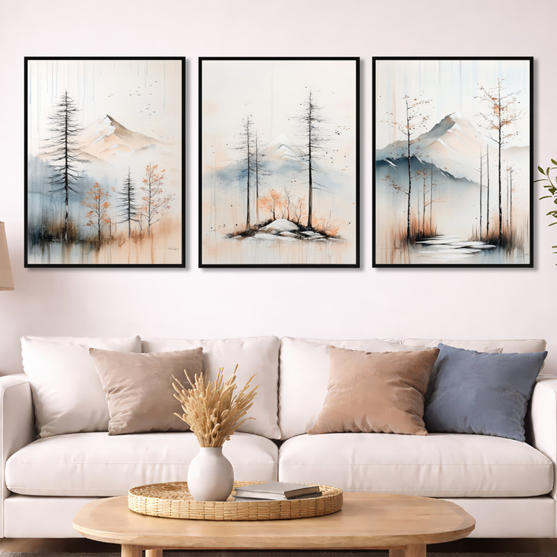 Minimal Winter Mountain Reflection – Mountain Framed 3 Piece Wall Decor, Black Floater Framed, 32" H x 72" W