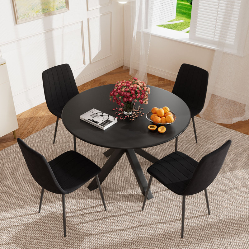5-Piece Round Glass Dining Table Set with 4 Velvet Dining Chairs, Black, Black, Black