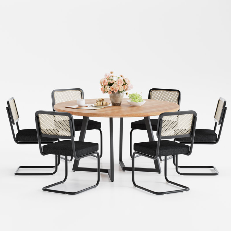 Ensemble de table de salle à manger Mid Century, 7 pièces: table, 6 chaises, Chêne, Noir