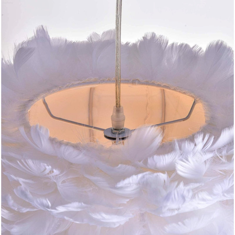 Lustre suspendu moderne et glamour à 3 lumières avec abat-jour en plumes d'oie superposées et hauteur de suspension réglable, blanc laiteux