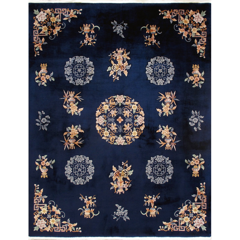 S. Antique Hand Knotted Wool Floral Area Rug in Navy/Ivory