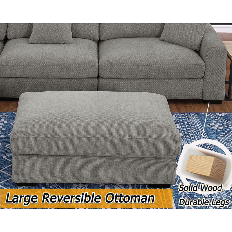 Angellee Modern Upholstered Sectional Sofa 5-seat Modular Wedge Couch w/ Ottoman & 4 Pillows, Light Gray Polyester Blend