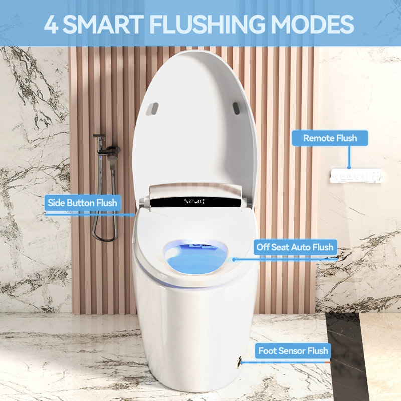Smart Toilet W/heated Bidet Seat, Auto Open/close Lid, Siphonic Jet Flushing & Built-in Battery, Warm Water/dryer, Hands-free Op W/remote/foot Sensor, Self-cleaning Bidet For Home Bathroom