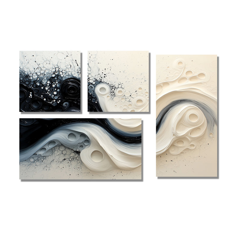 «Black and White», art mural abstrait 4 pièces, Toile tendue, Ne s’applique pas