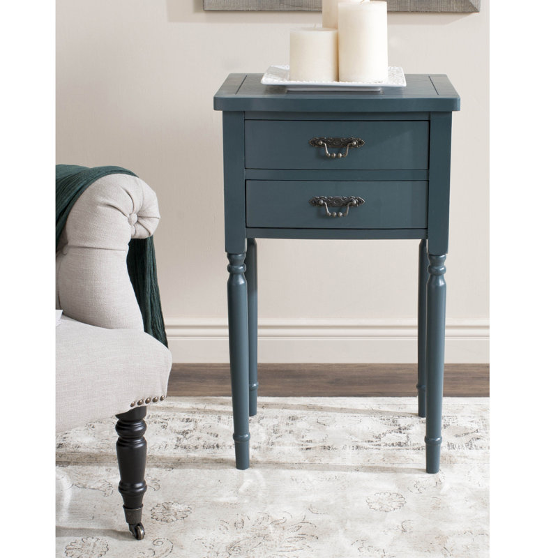 Solid Wood 2 - Drawer End Table, Teal/Brass