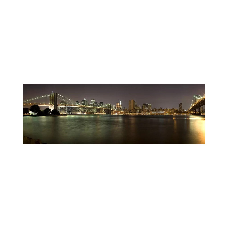 Brooklyn Bridge And Manhattan Bridge Across East River At Night, Manhattan - Wrapped Canvas Panoramic Print