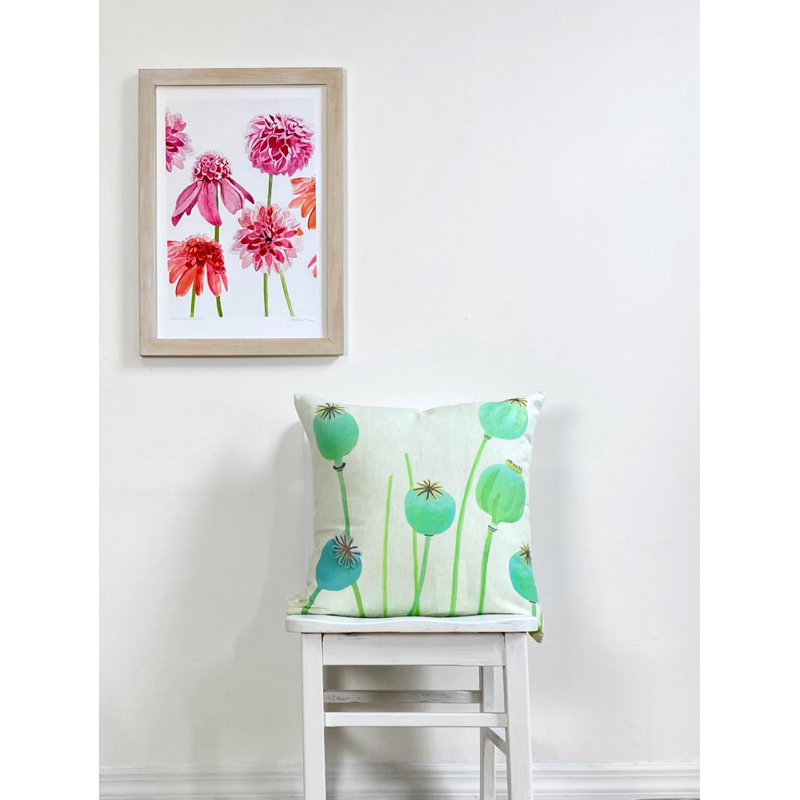 Coussin décoratif: Cosses de pavot sur fond gris, Vert/blanc