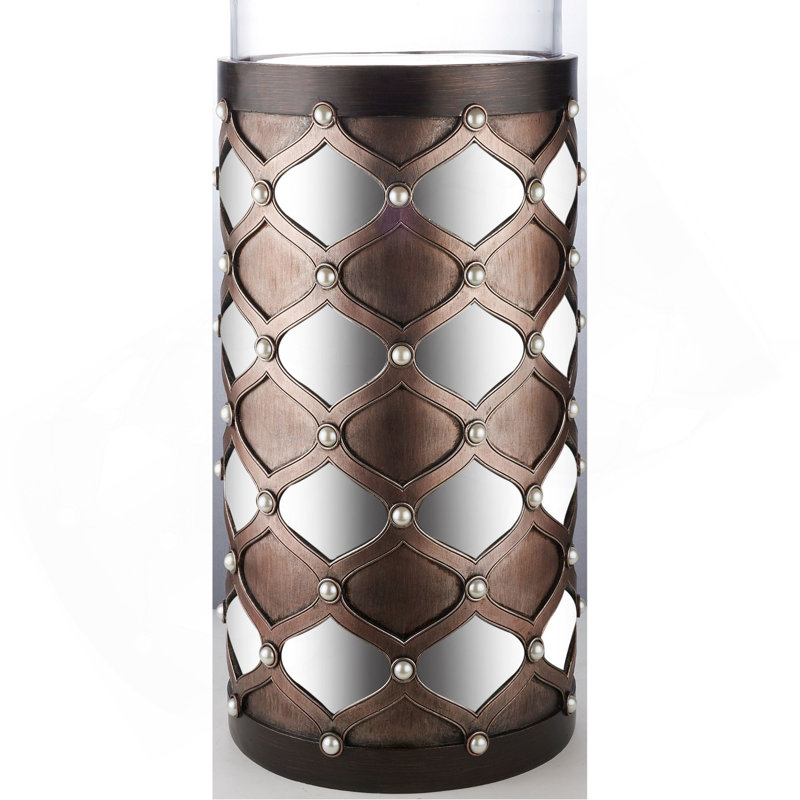31" Tall Candleholder With Hurricane Glass, Arabesque Mirror Design