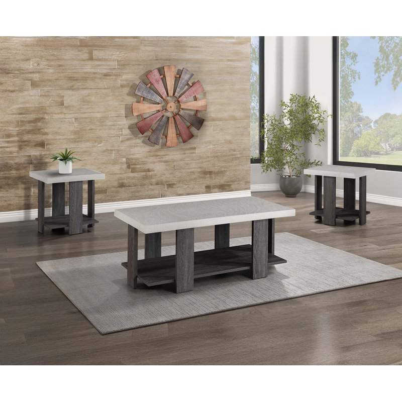Ensemble de salon gris 3 pièces avec table basse et deux tables de bout assorties
