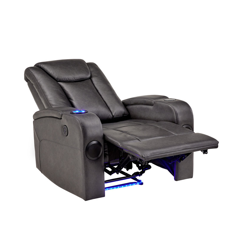 Sharaya Gray Vegan Leather LED Power Recliner With Speaker, Storage, USB And Wireless Charger