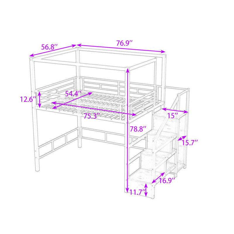 Lit mezzanine multifonctionnel en métal avec garde-robe, escalier de rangement et structure à baldaquin, Full