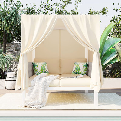 Lit de patio polyvalent - Grand confort, coussins d'eau, conception élégante, H 70,9 po x l 57,5 po, pour bronzer et se prélasser à l'extérieur avec des rideaux, des coussins épais pour un soleil extraordinaire et élégant