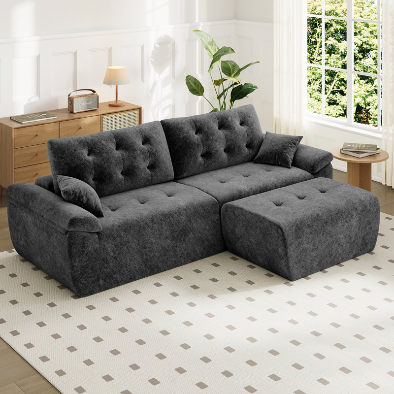 Modern Oversized 275cm 3-Sets Boneless Chenille Sofa With Ottoman And High-resilience Foam, Grey