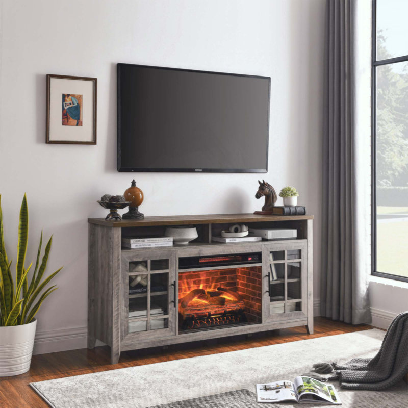  2-in-1 Infrared Quartz Electric Fireplace TV Stand, CSA UL Certified Media Console with Adjustable Flame Timer & Multi Storage Cabinets