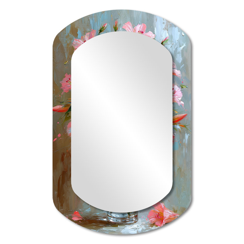 Nature morte avec des lys roses - miroir décoratif mural cylindrique assorti, miroir asymétrique traditionnel, impression d'art en métal