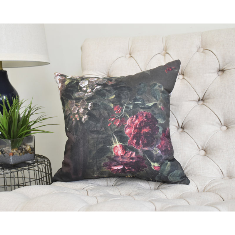 18" x 18" Dark Floral Print Polyester Throw Pillow