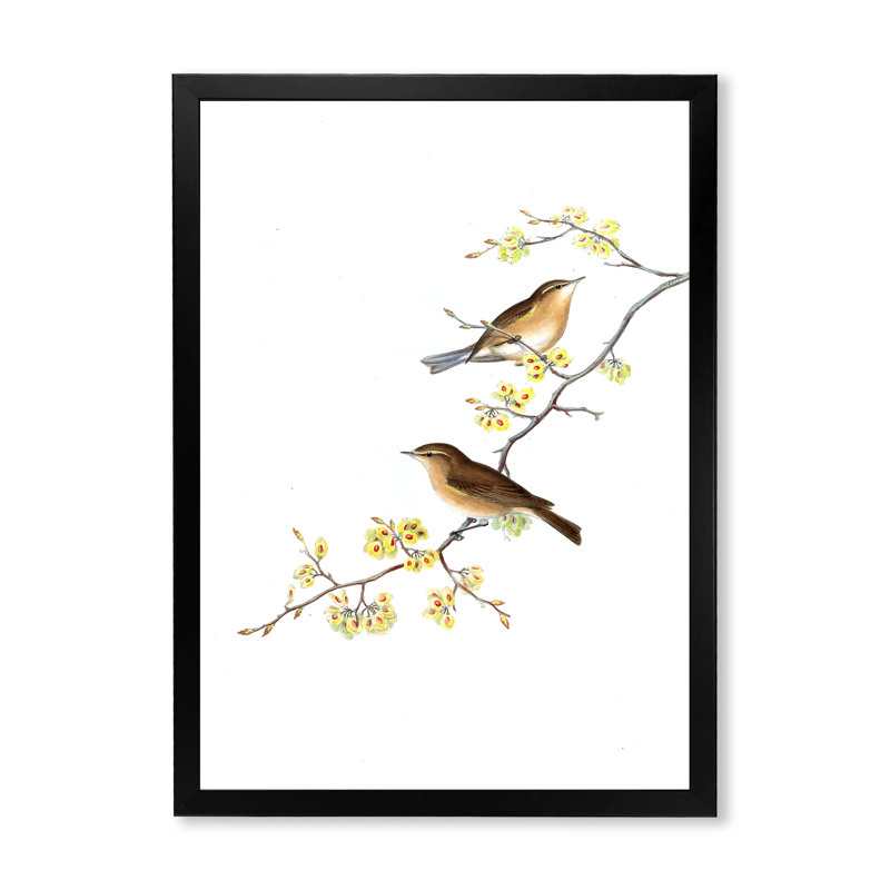 «Little Birds On The Tree Branches II», peinture sur toile, H 32 po x l 16 po x P 1 po, Cadre noir
