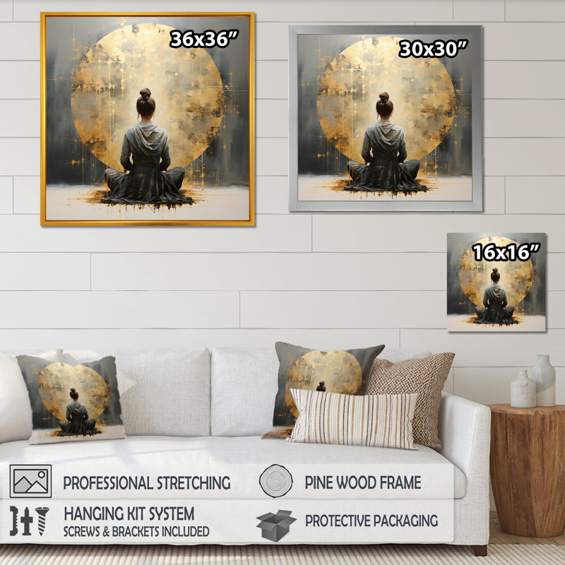 Minimalisme méditation Pose I - méditation grand art mural, Cadre doré simple, H 24 po x l 24 po x P 1 po