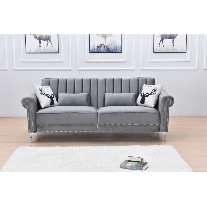 Ermera 85" Velvet Round Arm Sleeper Sofa, Gray