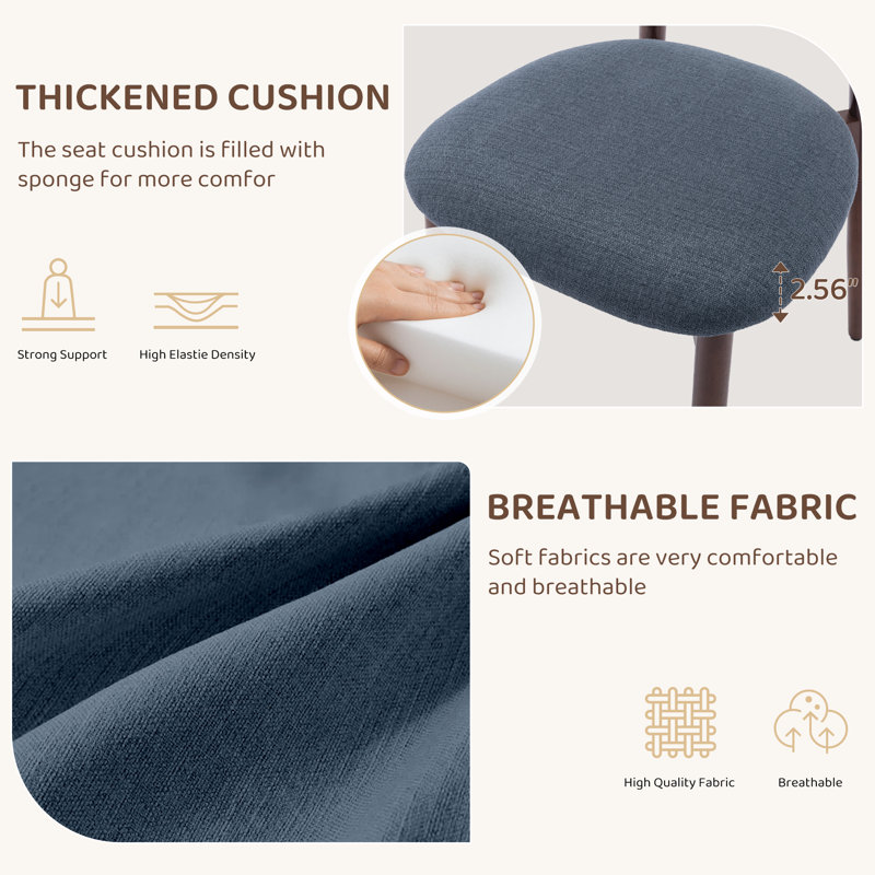  Solid Wood Upholstered Dining Chair - Ergonomic Curved Back, Comfort Fabric, Walnut, Blue Fabric
