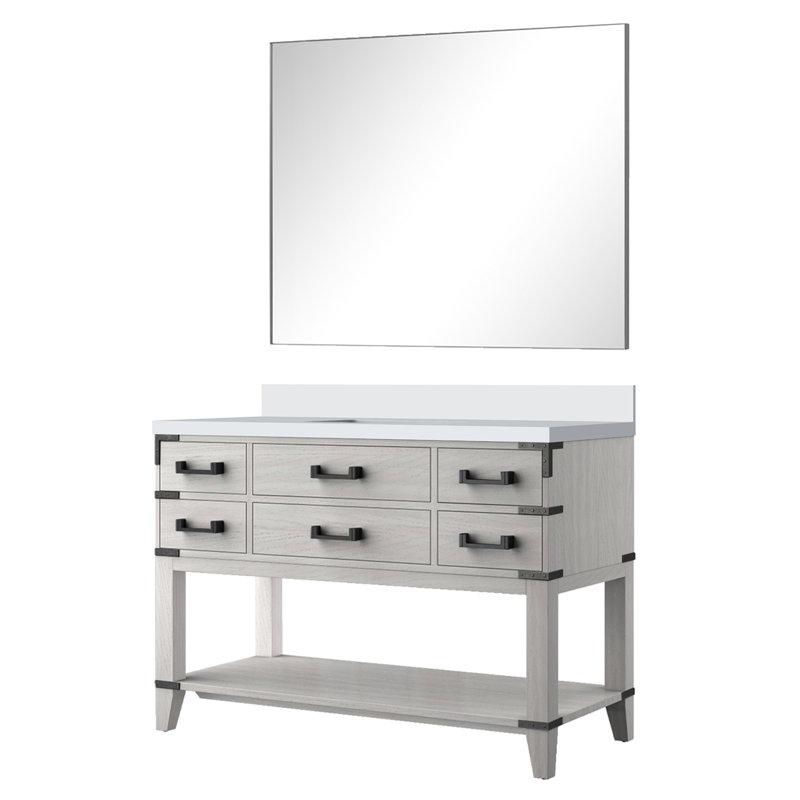 Meuble-lavabo simple en chêne blanc avec comptoir en quartz scellé fini à la main, 46 miroirs et cinq tiroirs à fermeture en douceur pour rangement, miroir, tablette ouverte