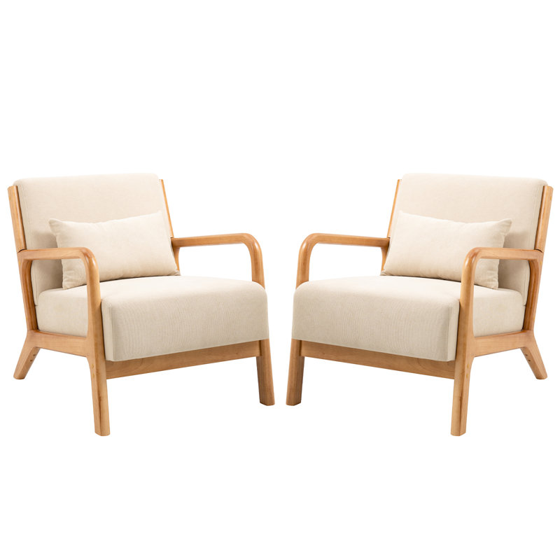 Upholstered Cotton Armchair, Beige Polyester Blend, Natural Wood