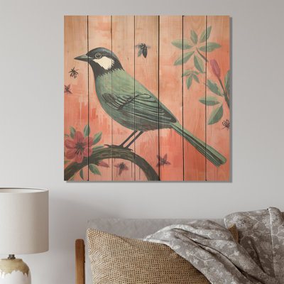 «Green and Pink Bird Floral Tree Harmony II», impression d'oiseau sur bois