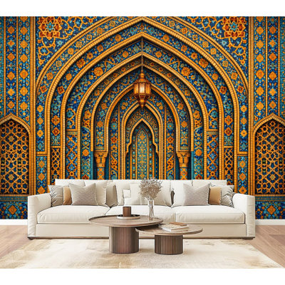 Papier peint auto-adhésif à motif mosaïque orné de motifs géométriques complexes en or bleu H 69 po x l 96 po, papier peint amovible en PVC autocollant pour chambre à coucher, bureau à domicile