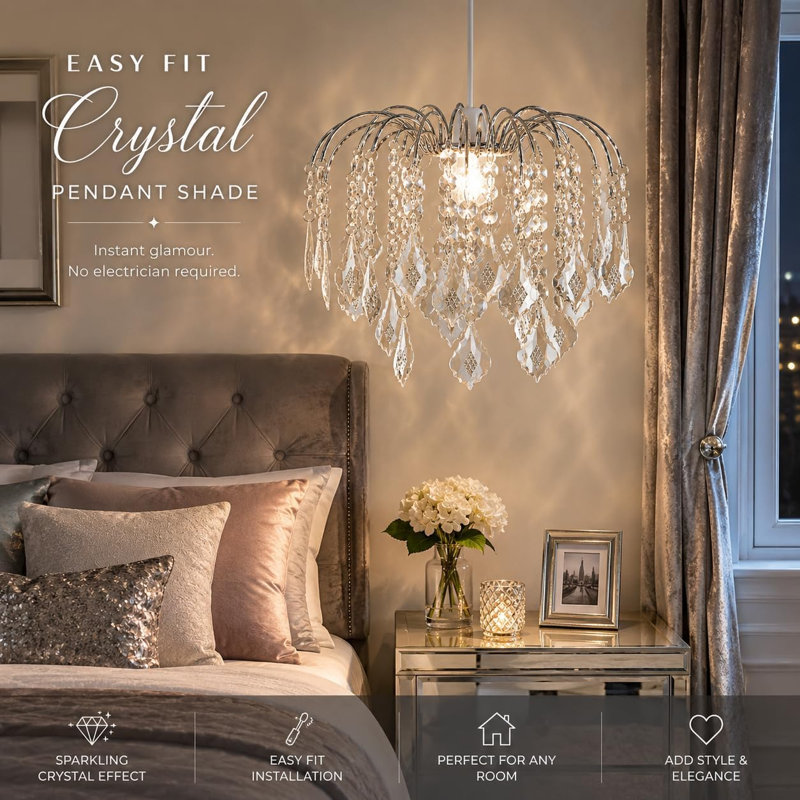 Chrome Easy Fit Crystal Effect Pendant Shade 29cm – Decorative Chandelier Style Ceiling Light Shade
