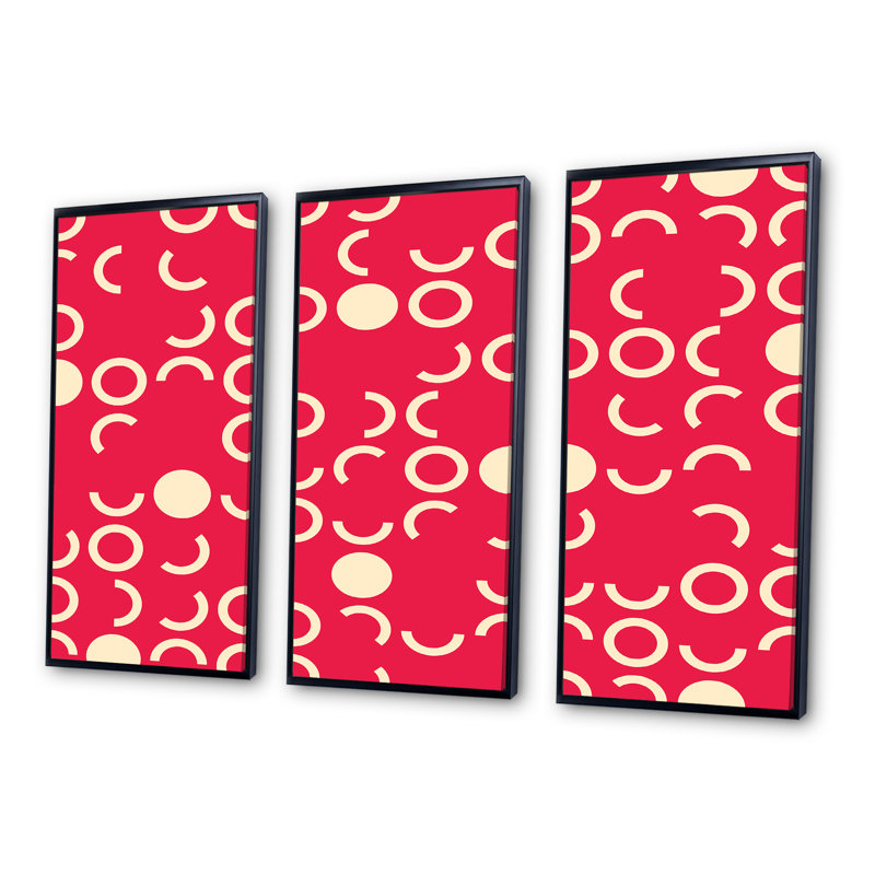 «Retro Circles On Red», ensemble de 3 reproductions d'art encadrées sur toile, H 20 po x l 36 po x P 1 po, Noir