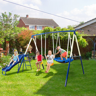 Ensemble de balançoires 5 en 1 SMkidsport pour la cour arrière, ensemble de jeu avec glissoire, balançoire de soucoupe, panier de basketball et deux sièges de balançoire, ensemble de jeu extérieur pour enfants, bleu (Ensemble de 2)