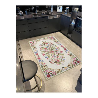 Tapis décoratif lavable à motif géométrique rayé floral