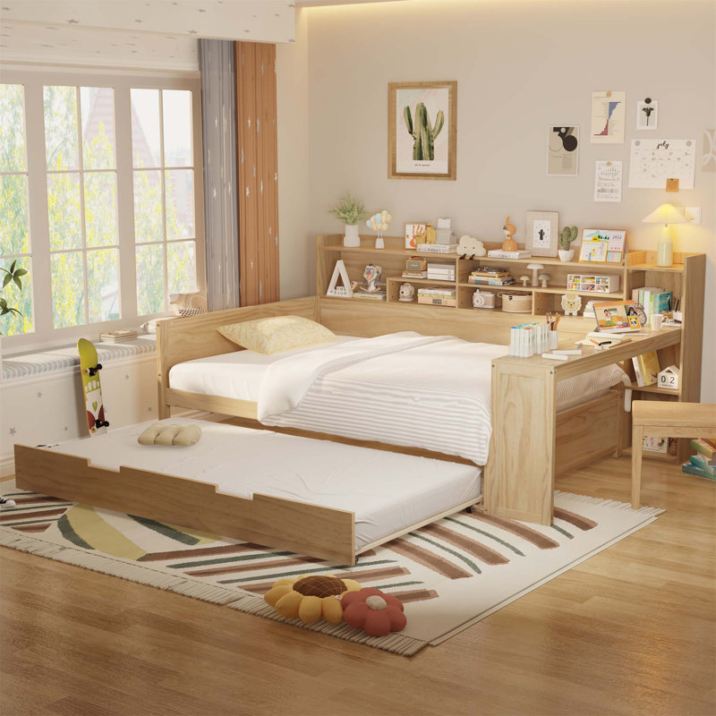 Wooden Full Size Daybed With Storage Shelves, Multi-Functional Bed With Twin Size Trundle Bed And  Study Desk, Natural(Old SKU:N733S242277M)